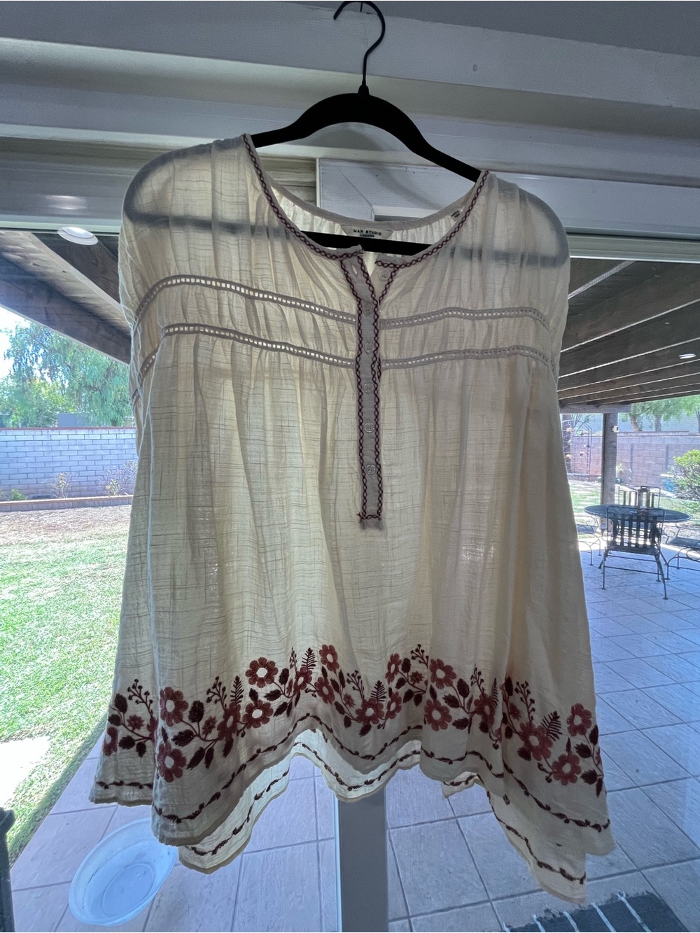 Max Studio Ivory Tunic with Burgundy Floral Embroidery